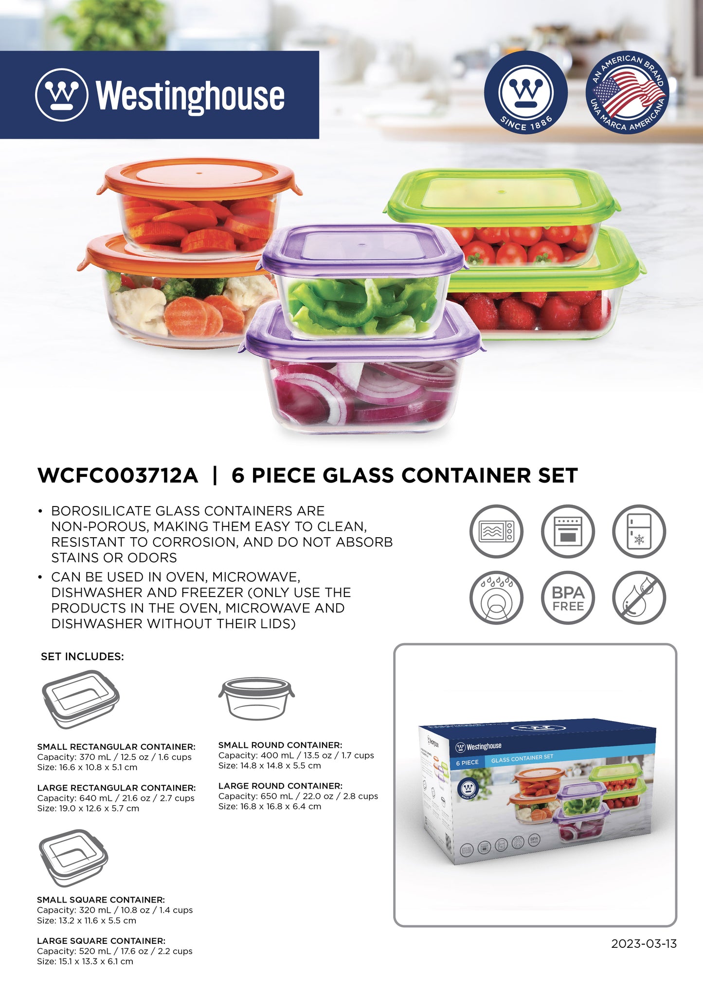 Westinghouse 6-Piece Glass Container Set - 320ml, 370ml, 400ml, 520ml, 640ml, 650ml