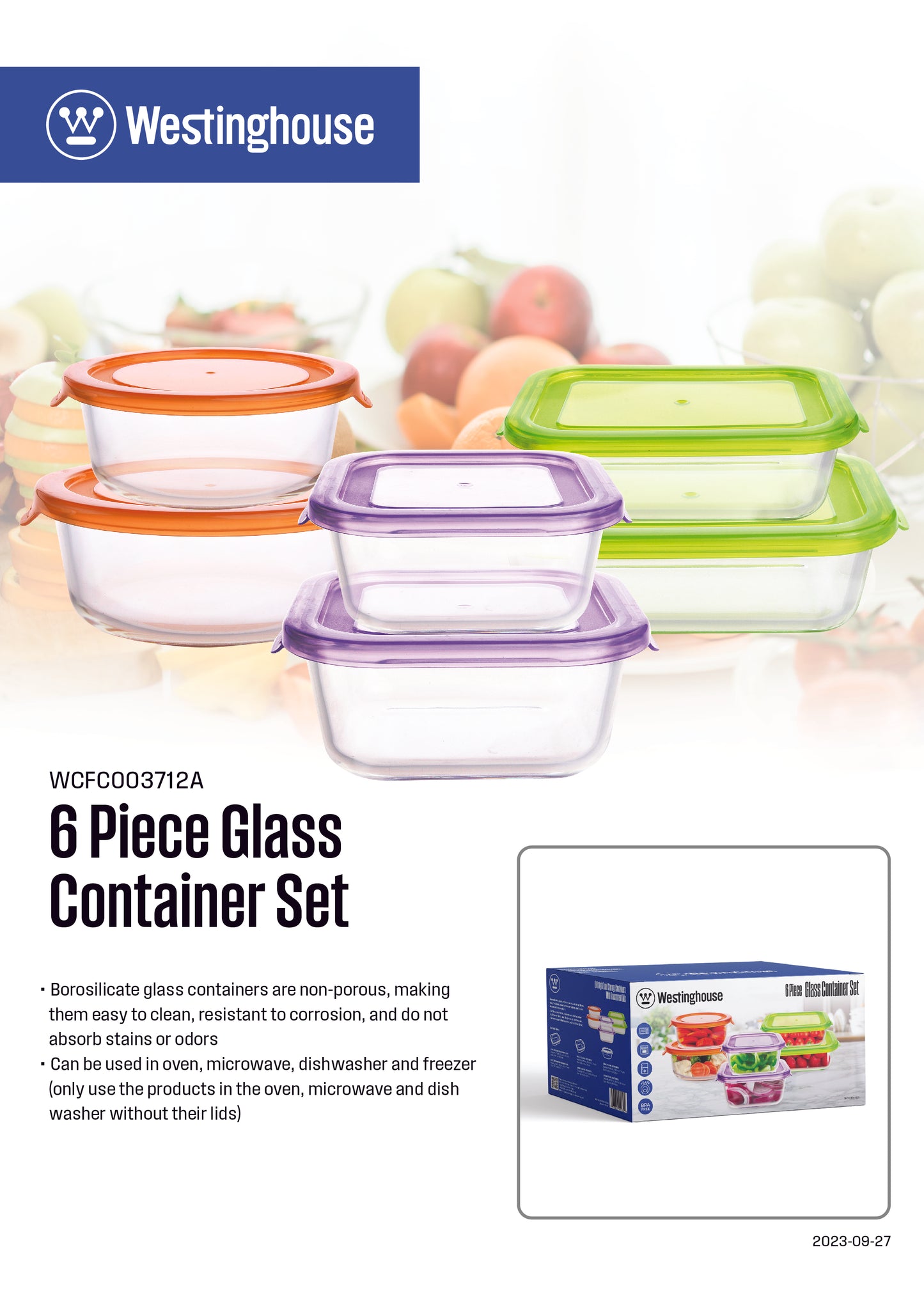 Westinghouse 6-Piece Glass Container Set - 320ml, 370ml, 400ml, 520ml, 640ml, 650ml