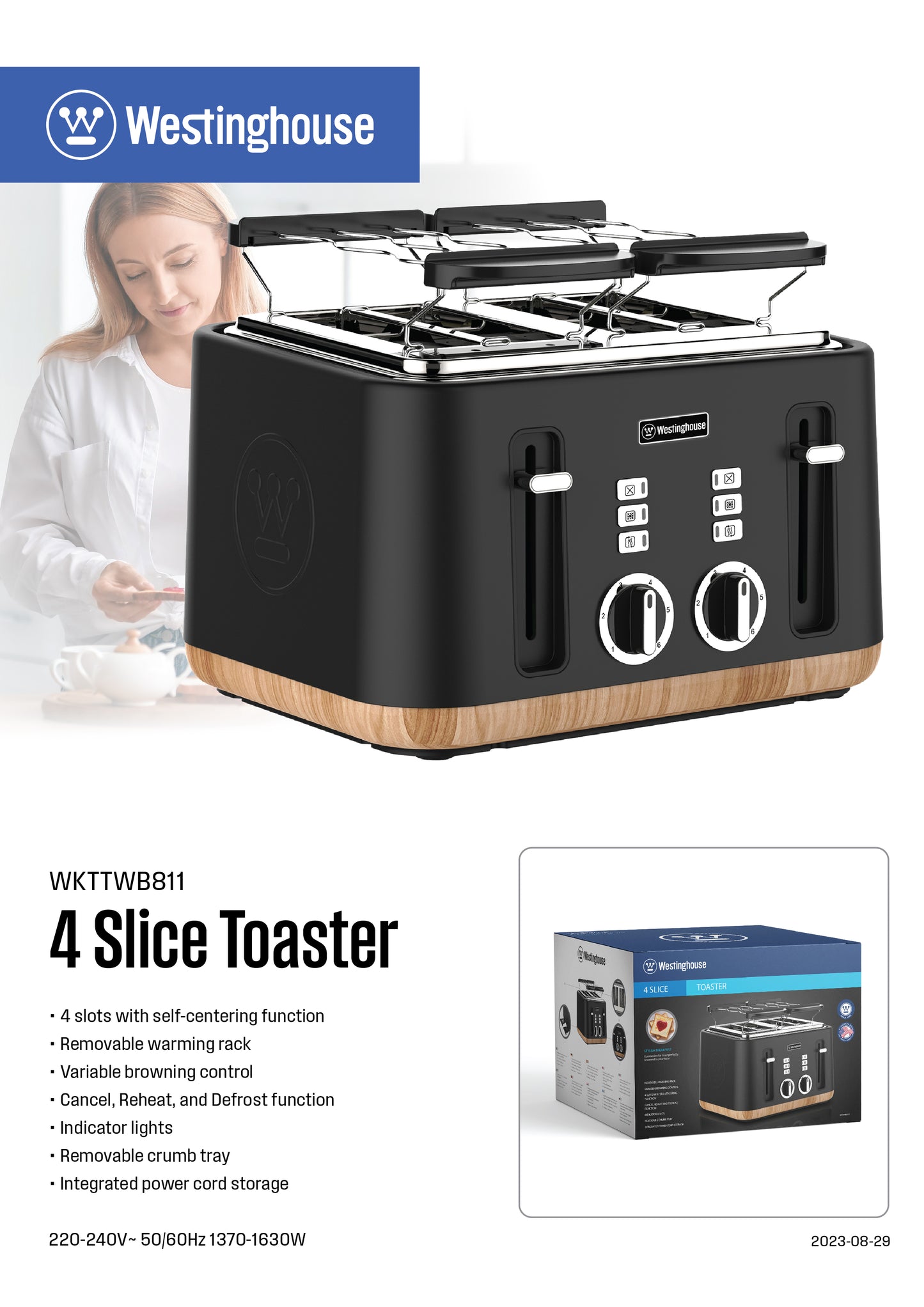 Westinghouse 4-Slice Toaster with Crumb Tray - Faux Wood Series