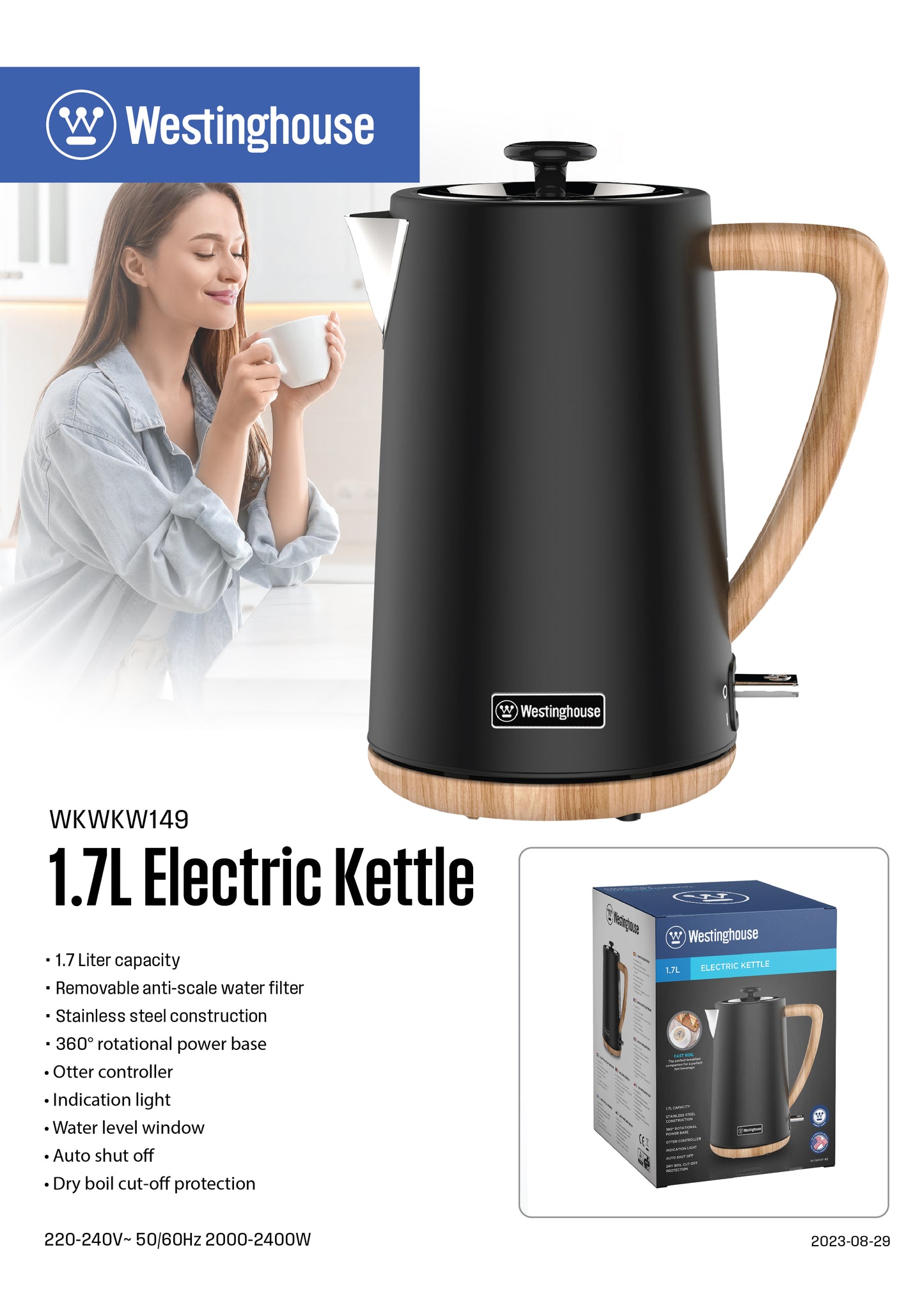 Westinghouse 1.7L Capacity Electric Kettle - Wood Series