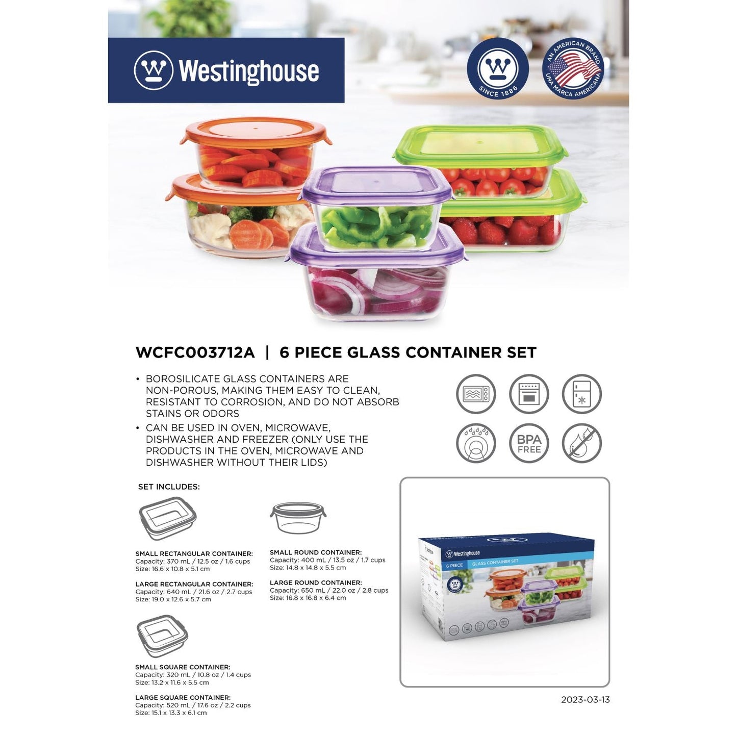 6pc Westinghouse Glass Food Storage Set - 370ml, 640ml, 320ml, 520ml, 400ml & 650ml