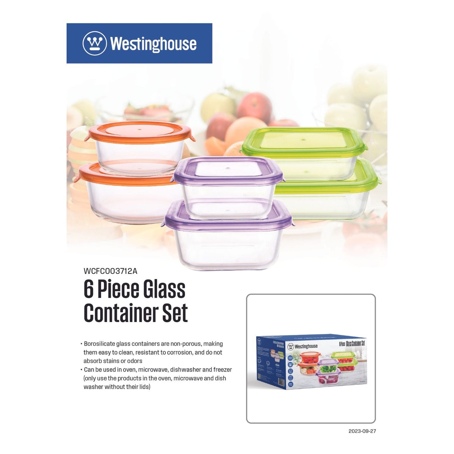 6pc Westinghouse Glass Food Storage Set - 370ml, 640ml, 320ml, 520ml, 400ml & 650ml